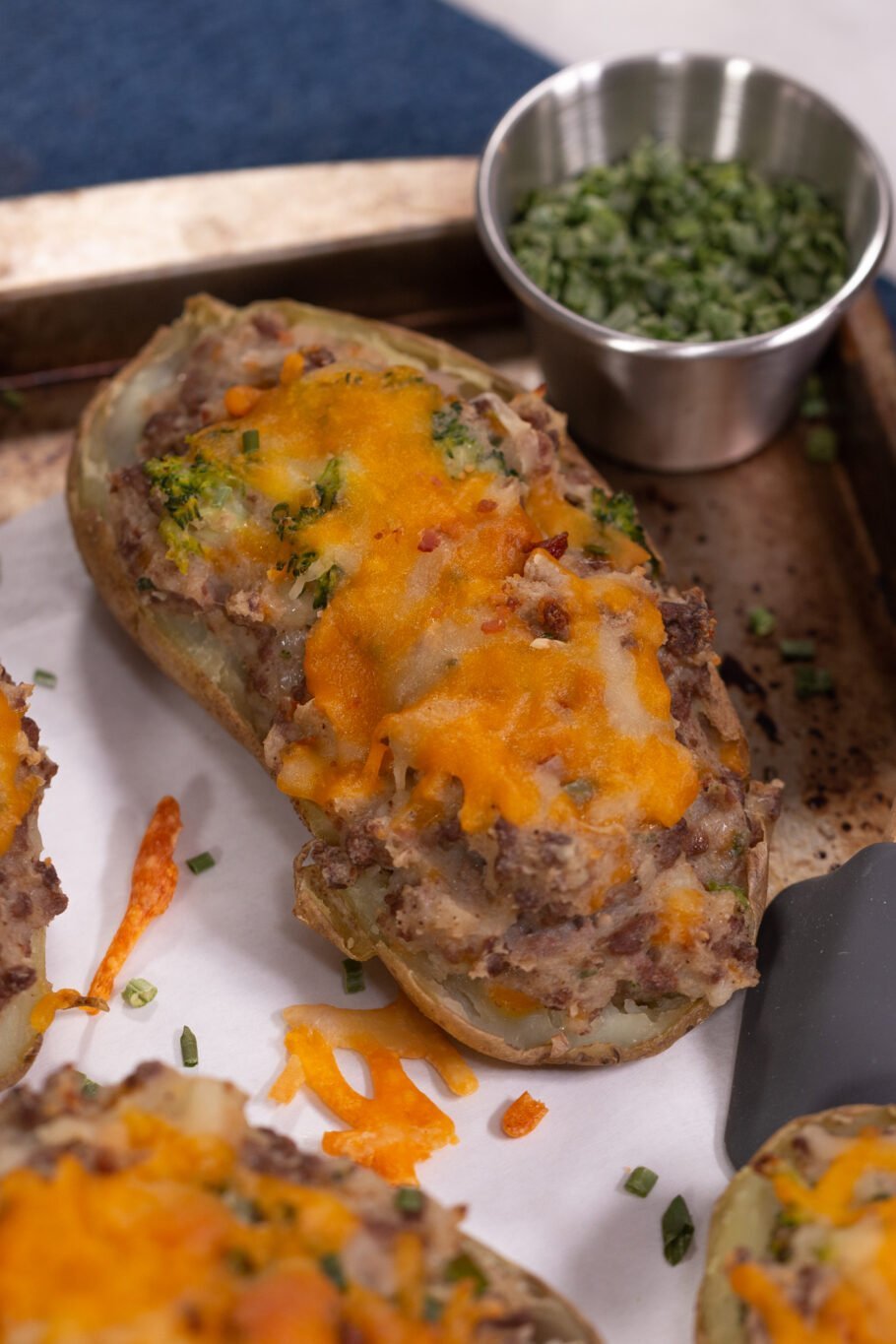 Loaded Twice Baked Potatoes Above Close
